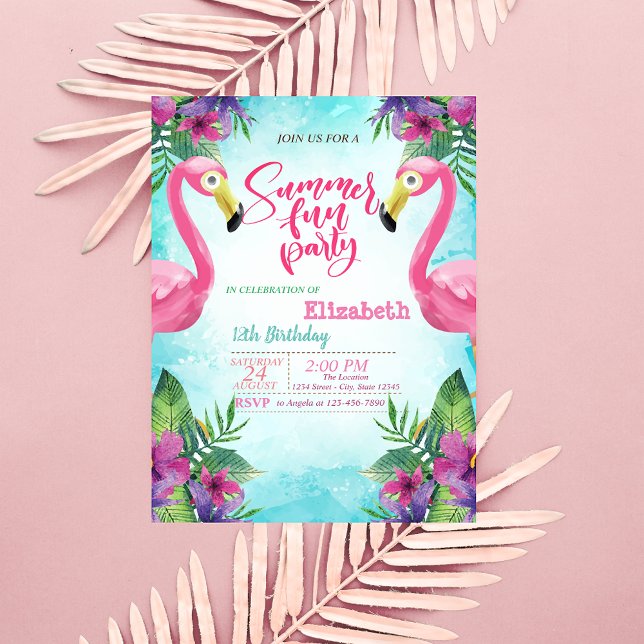Invitation Fleurs de Flamants Roses Fête d'anniversaire d'été (Créateur téléchargé)