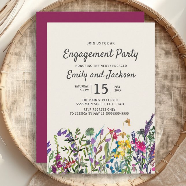 Invitation Fleurs de Fleurs Aquarelle Engagement Violet (Watercolor wildflowers engagement party invitation)