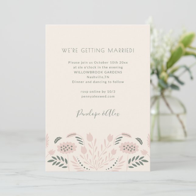 Invitation Fleurs de Folk Scandi Simples Mariage Rose Sauge (Debout devant)