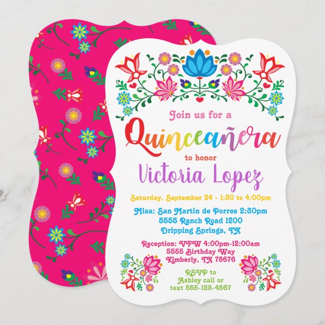 Invitation Fleurs de folkart de fête d'anniversaire de fiesta (Devant / Derrière)