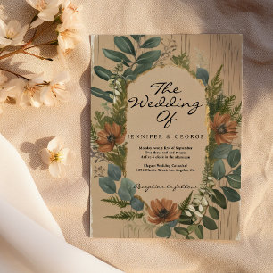 Invitation Fleurs de forêt en bois vert rustique Mariage
