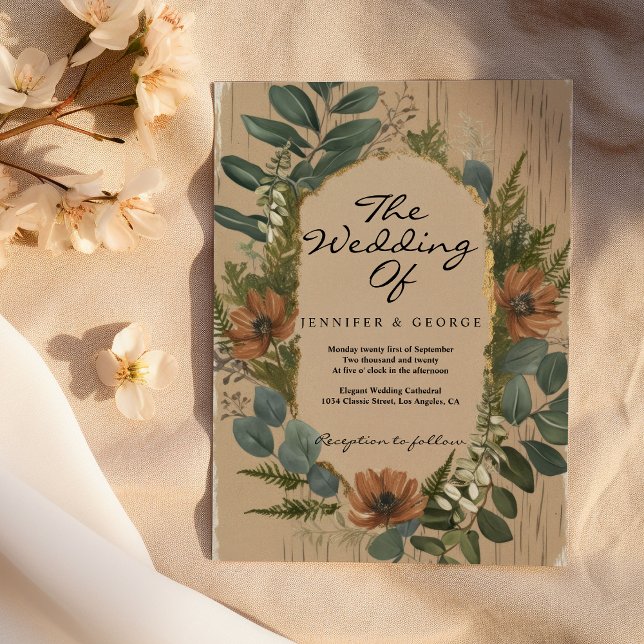 Invitation Fleurs de forêt en bois vert rustique Mariage (Rustic green brown woodland flowers Wedding )