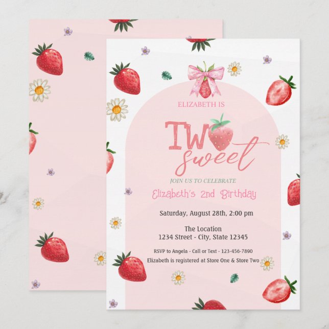 Invitation Fleurs de fraises Deux Douzième anniversaire doux (Devant / Derrière)