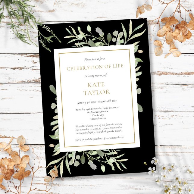 Invitation Fleurs de funérailles de célébration de vie Or Noi (Celebration of Life Funeral Greenery Gold Black Invitation)
