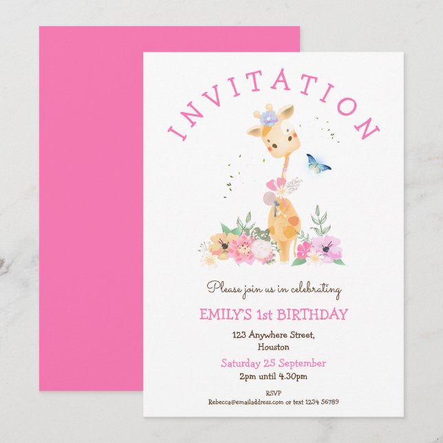 Invitation Fleurs de Giraffe mignonne Filles 1er Anniversaire (Devant / Derrière)