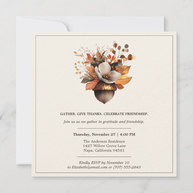 Invitation Fleurs de Gland Rustique | Dîner de Thanksgiving I (Devant)
