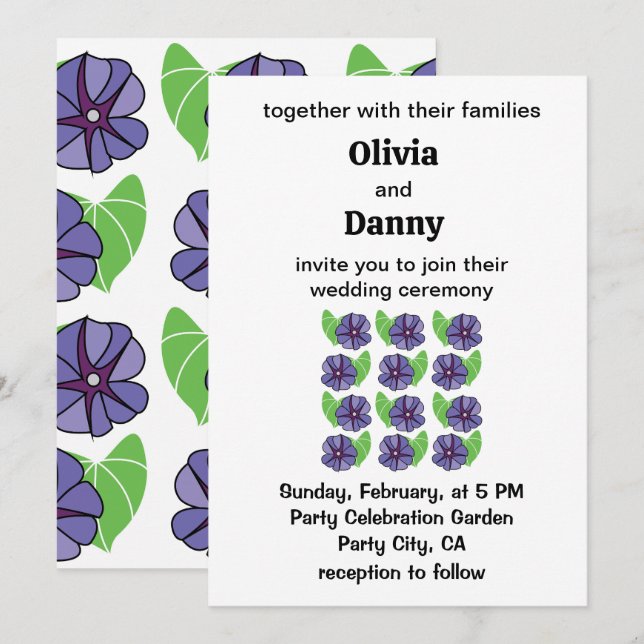 Invitation Fleurs de Gloire du Matin Bleue Mariage Floral (Devant / Derrière)