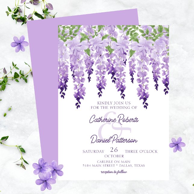 Invitation Fleurs de glycine aquarelle Élégant Mariage Script (Créateur téléchargé)