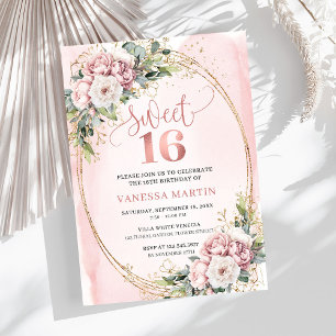 Invitation Fleurs de goudron rose moderne Eucalyptus 16e anni