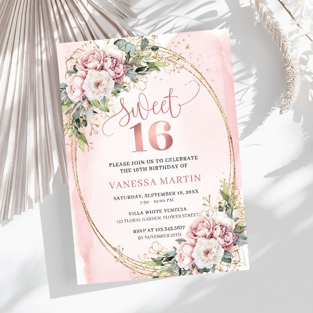 Invitation Fleurs de goudron rose moderne Eucalyptus 16e anni (Modern Rose Gold Flowers Eucalyptus 16th Birthday Invitation

)