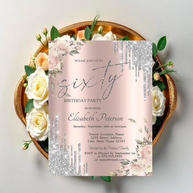 Invitation Fleurs de gouttes de paillettes argentées Rose Gol (Créateur téléchargé)