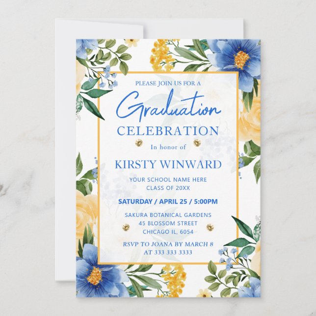 Invitation Fleurs de graduation aquarelle bleu et jaune (Devant)