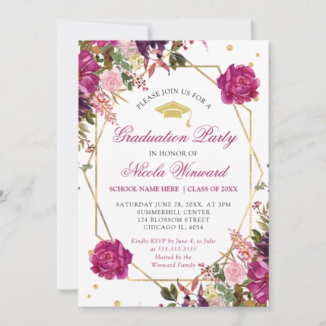 Invitation Fleurs de graduation violettes et roses d'été (Devant)