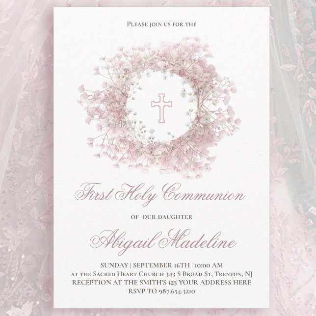Invitation Fleurs de Gypsophile bébé rose Première Sainte Com (Créateur téléchargé)