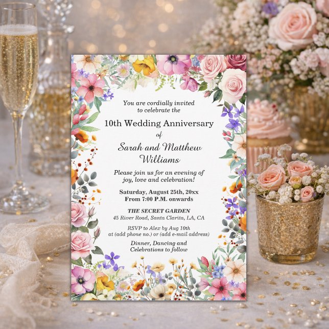 Invitation Fleurs de jardin chic 10e anniversaire de mariage (Créateur téléchargé)