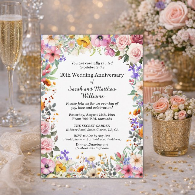 Invitation Fleurs de jardin chic 20e anniversaire de mariage (Créateur téléchargé)
