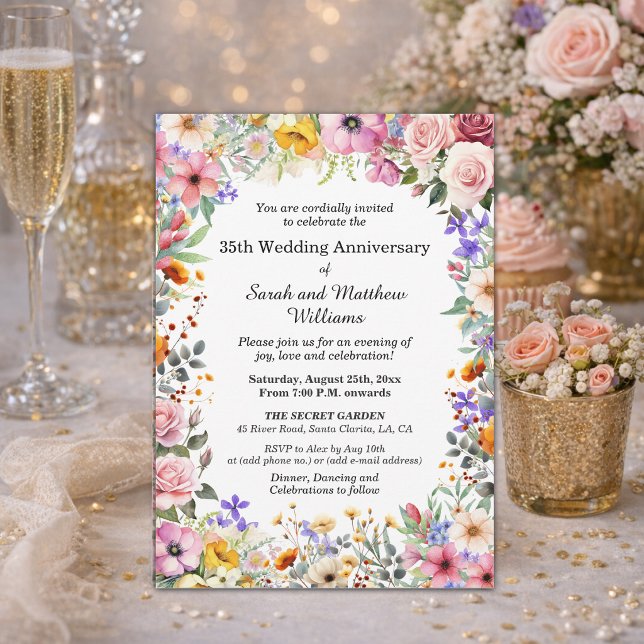 Invitation Fleurs de jardin chic 35e anniversaire de mariage (Créateur téléchargé)