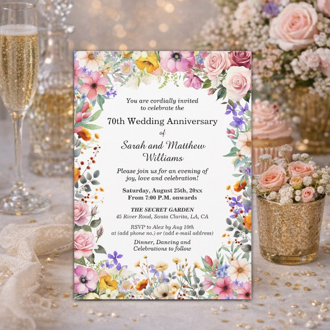 Invitation Fleurs de jardin chic 70e anniversaire de mariage (Créateur téléchargé)
