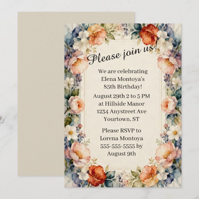 Invitation Fleurs de jardin de campagne Fête d'anniversaire a (Devant / Derrière)