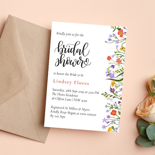 Invitation Fleurs de Jardin Écriture Botanique Baby Shower de (Garden flowers botanical script invitation creates a fresh, elegant bridal shower tone)