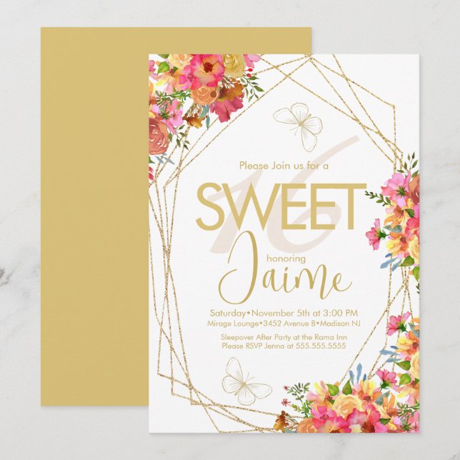 Invitation Fleurs de jardin papillons doux 16 monogrammées (Devant / Derrière)