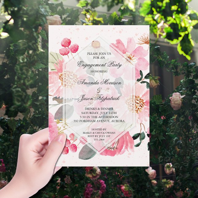 Invitation Fleurs de jardin Partie d'engagement (Watercolor pink garden flowers engagement party invitations)