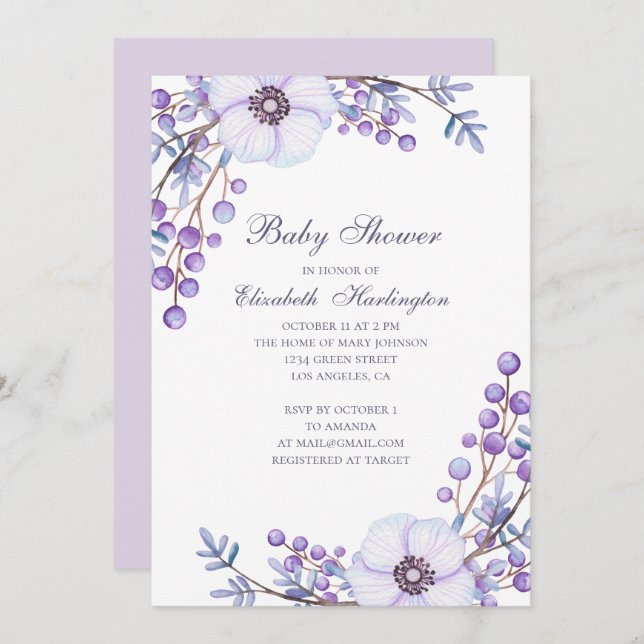 Invitation Fleurs de jardin pourpres. Baby shower floral viol (Devant / Derrière)
