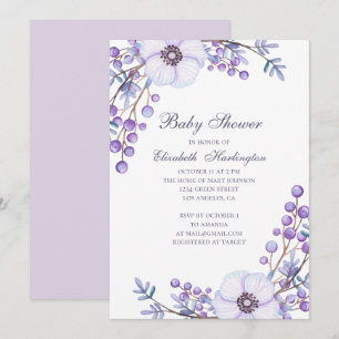 Invitation Fleurs de jardin pourpres. Baby shower floral viol