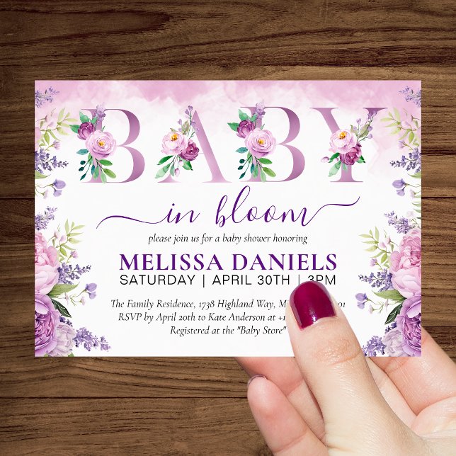 Invitation Fleurs de jardin pourpres et roses bébé en fleur (Purple & Pink Garden Flowers Baby In Bloom Invitation)