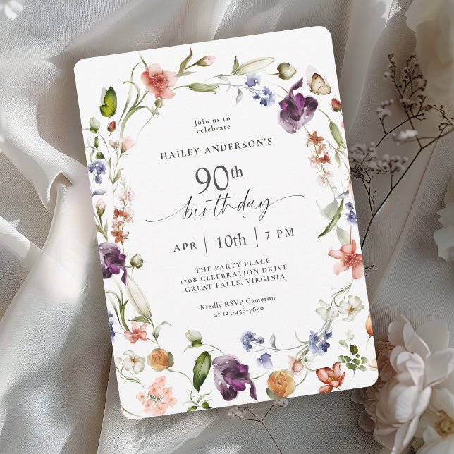 Invitation Fleurs de jardin Script botanique 90e anniversaire (Available in both printed and instant download digital formats.)