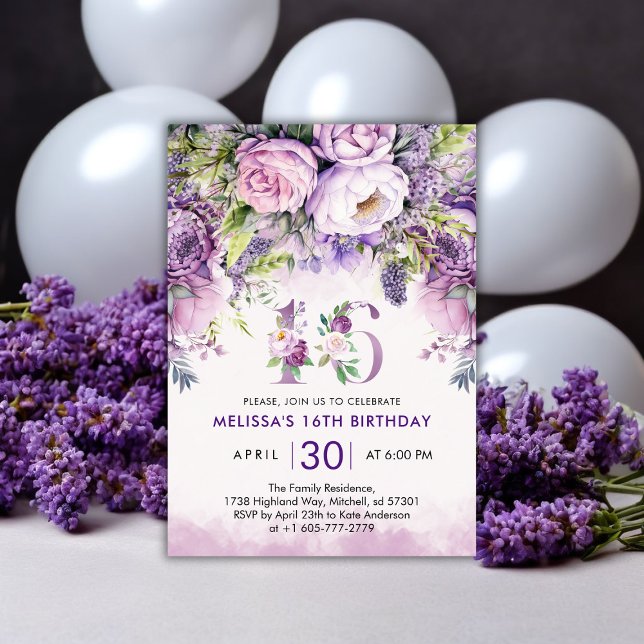 Invitation Fleurs de Jardin violet et rose 16e anniversaire (Purple & Pink Garden Flowers 16th Birthday Invitation)