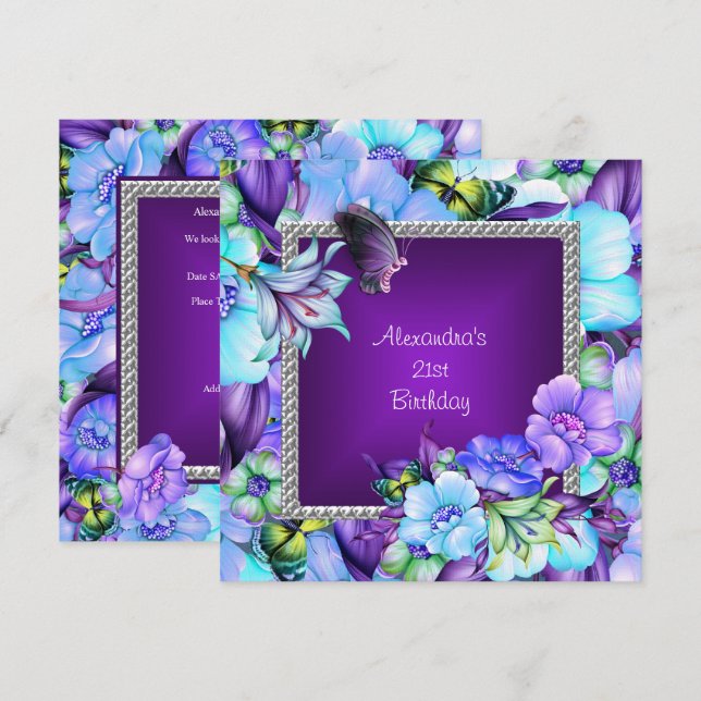 Invitation Fleurs de Joaillerie Élégantes Violettes Argentées (Devant / Derrière)