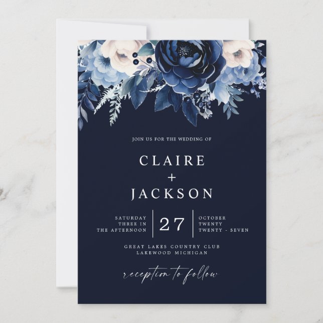Invitation Fleurs de la Marine Mariage Bleue (Devant)