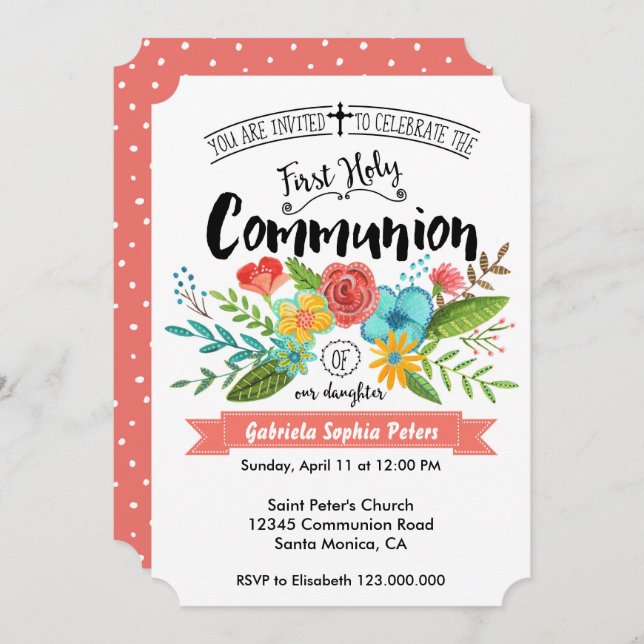 Invitation Fleurs de la première sainte communion | Invitatio (Devant / Derrière)