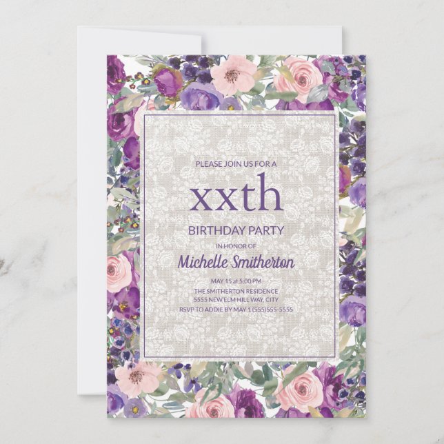 Invitation Fleurs de lacis rose violet pour anniversaire tout (Devant)