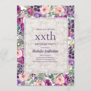 Invitation Fleurs de lacis rose violet pour anniversaire tout