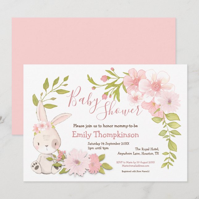 Invitation Fleurs de lapin mignonne Baby shower de fille cadr (Devant / Derrière)