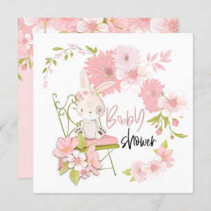 Invitation Fleurs de lapin mignonnes Baby shower de fille ros