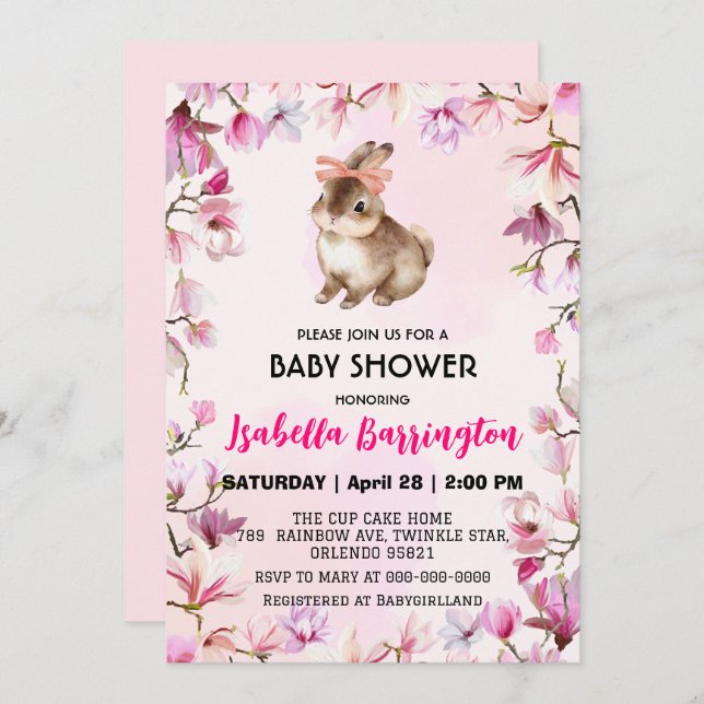 Invitation Fleurs de lapin rose mignonne baby shower filles (Devant / Derrière)