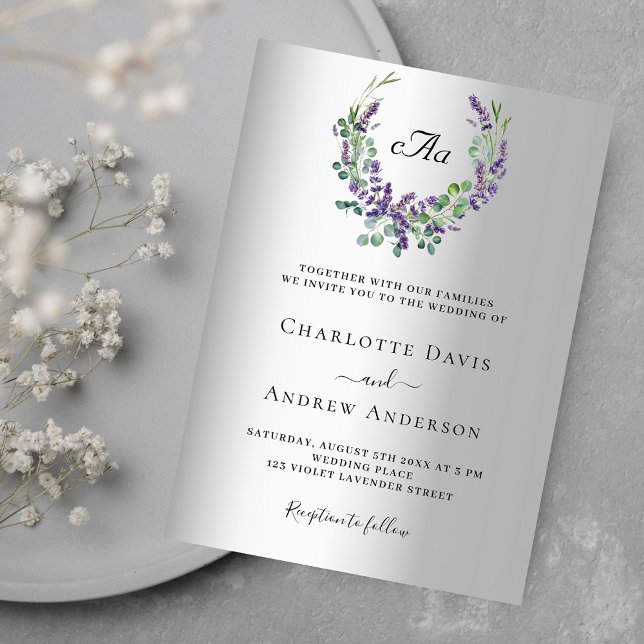 Invitation Fleurs de lavande argent monogramme luxe mariage (Créateur téléchargé)