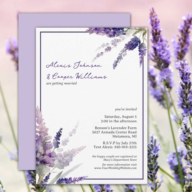 Invitation Fleurs de Lavande Boho Rustique Mariage violet (Lavender blooms set the scene for this rustic country style wedding invitation.  Modern calligraphy.)
