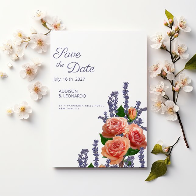 Invitation Fleurs de lavande botanique rose pêche Save the Da (Botanic lavender peach rose flowers Save the Date )