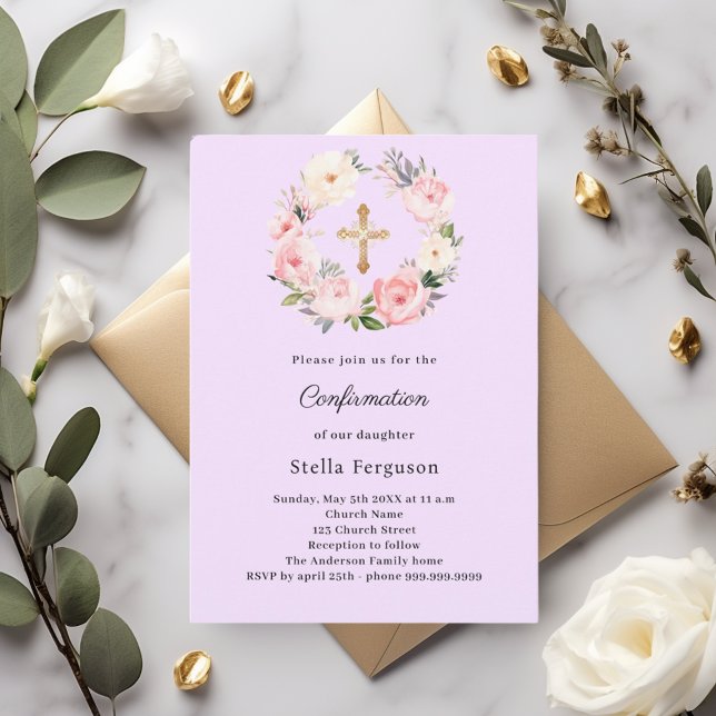 Invitation Fleurs de lavande croix Confirmation (Créateur téléchargé)