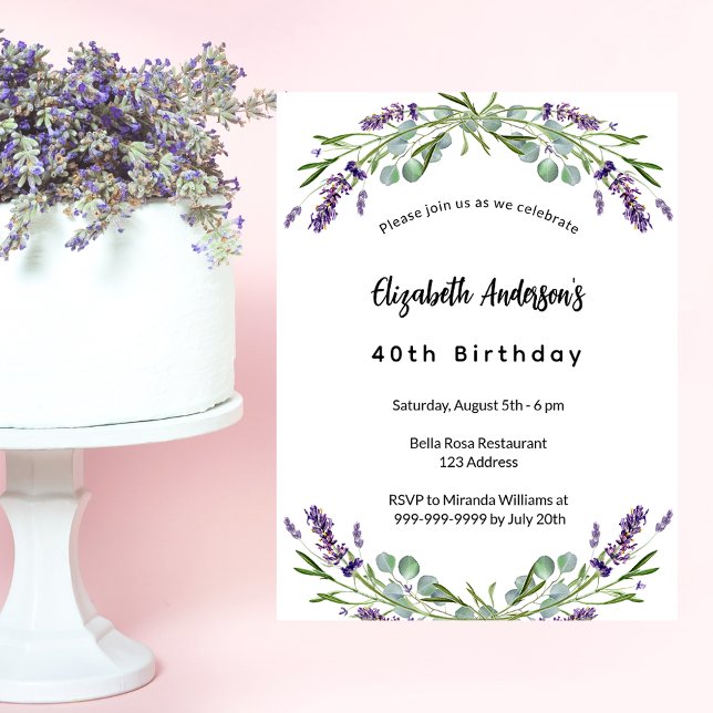 Invitation Fleurs de lavande d'anniversaire eucalyptus luxe (Créateur téléchargé)