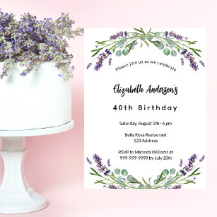 Invitation Fleurs de lavande d'anniversaire eucalyptus verdur
