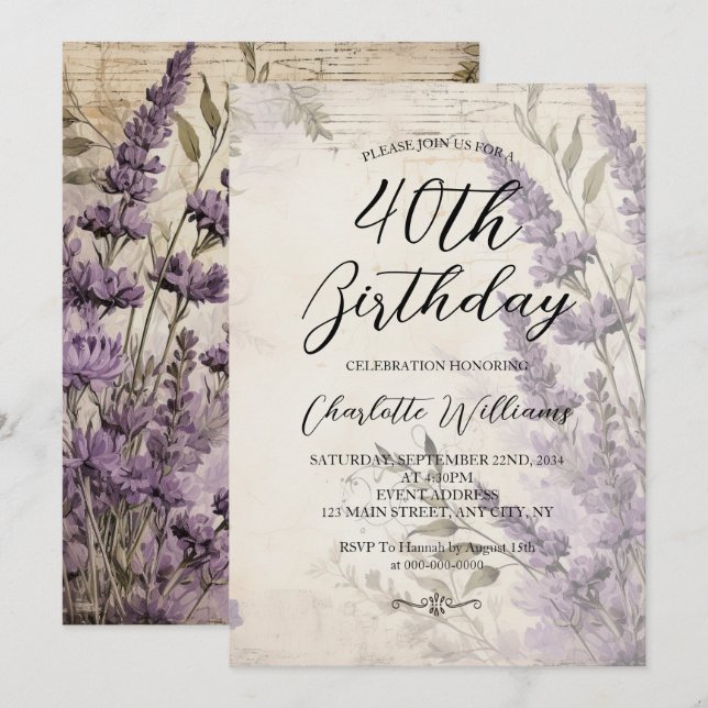 Invitation Fleurs de lavande femmes 40e anniversaire (Devant / Derrière)