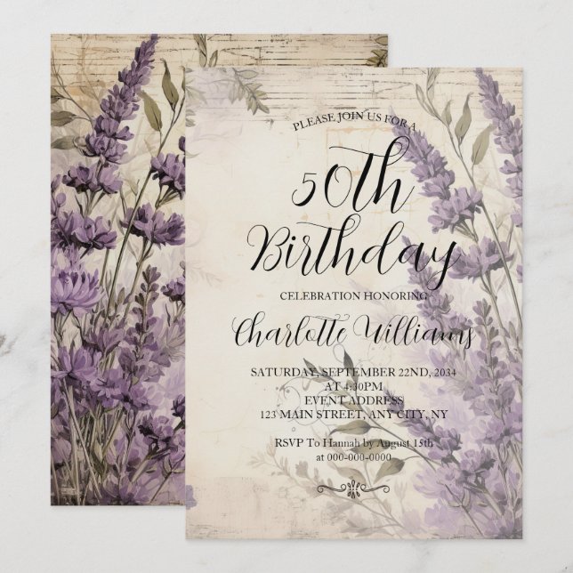 Invitation Fleurs de lavande femmes 50e anniversaire (Devant / Derrière)