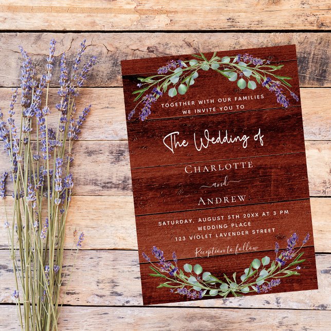 Invitation Fleurs de lavande mariage bois brun rustique (Créateur téléchargé)