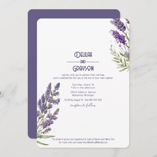 Invitation Fleurs de lavande Mariage violet rustique (Devant / Derrière)
