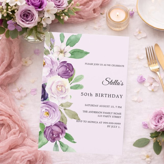 Invitation Fleurs de lavande violette pour anniversaire rose  (Créateur téléchargé)